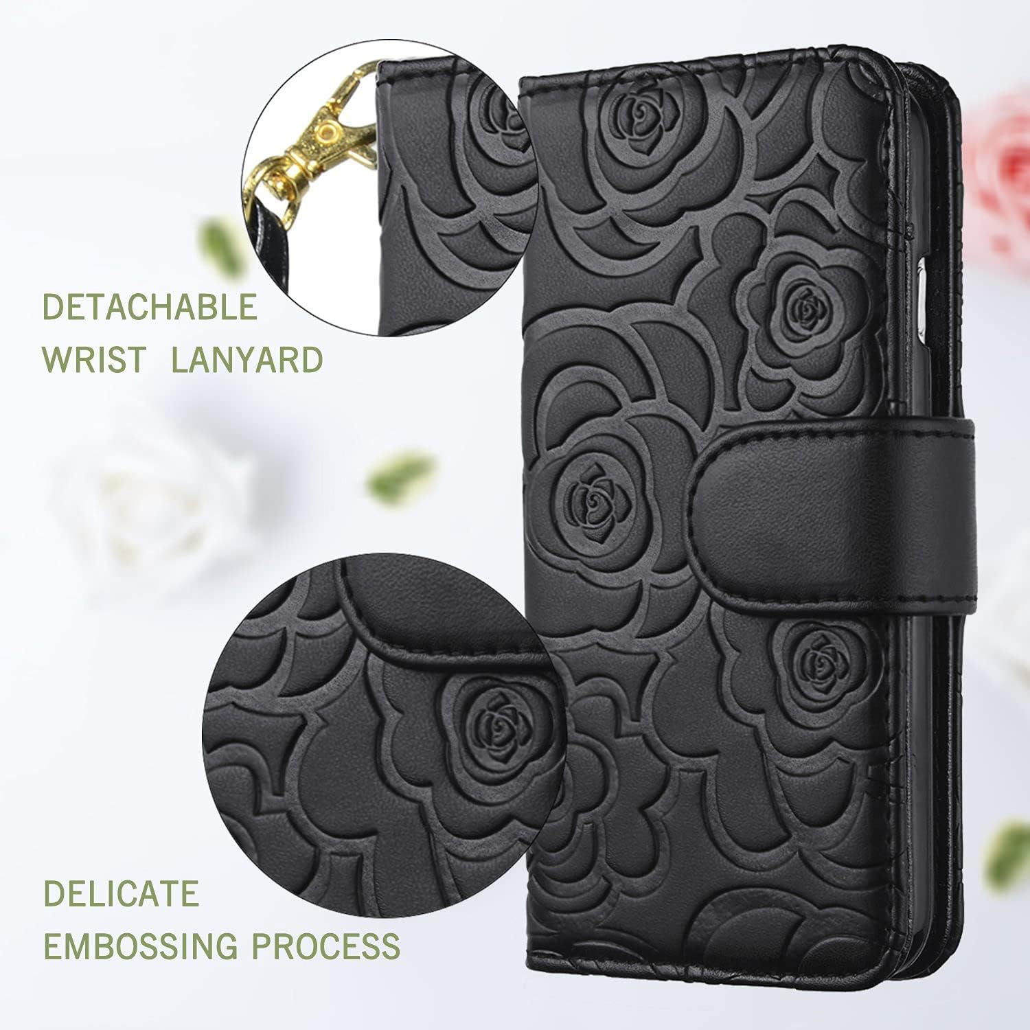 FLYEE Wallet Case Compatible with iPhone 13(2021 Release),Top Grade Leather Wallet Case for Women and Girls with Card Holder,[Embossed Flowers] Premium Flip Case with Wrist Strap-Black