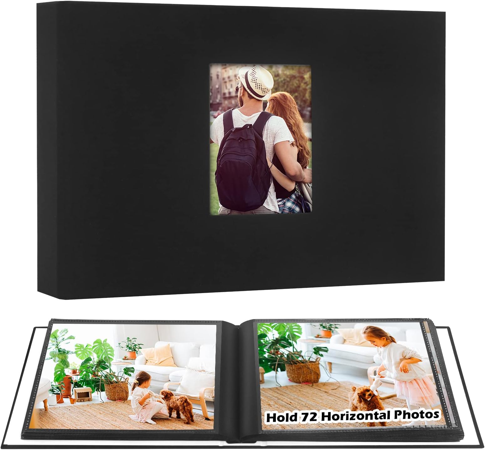 8x10 Photo Album Holds 72 Horizontal Photos, Linen Cover With Front Window, 8x10 Photo Album Book for 8 x 10 Pictures Artwork, 8 x 10 Photo Albums for Baby Wedding Family Photos (Black)