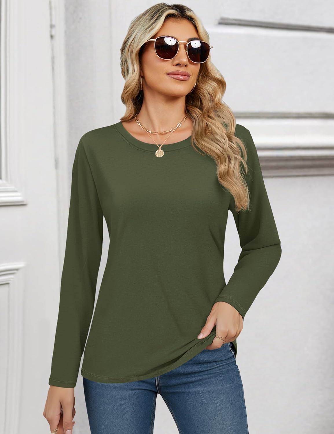 YUCOLEN Women's Cotton Long Sleeve Shirts Crewneck Cotton Basic T-Shirt Solid Color Soft Comfy Casual Tops Tees for Women - Image 2