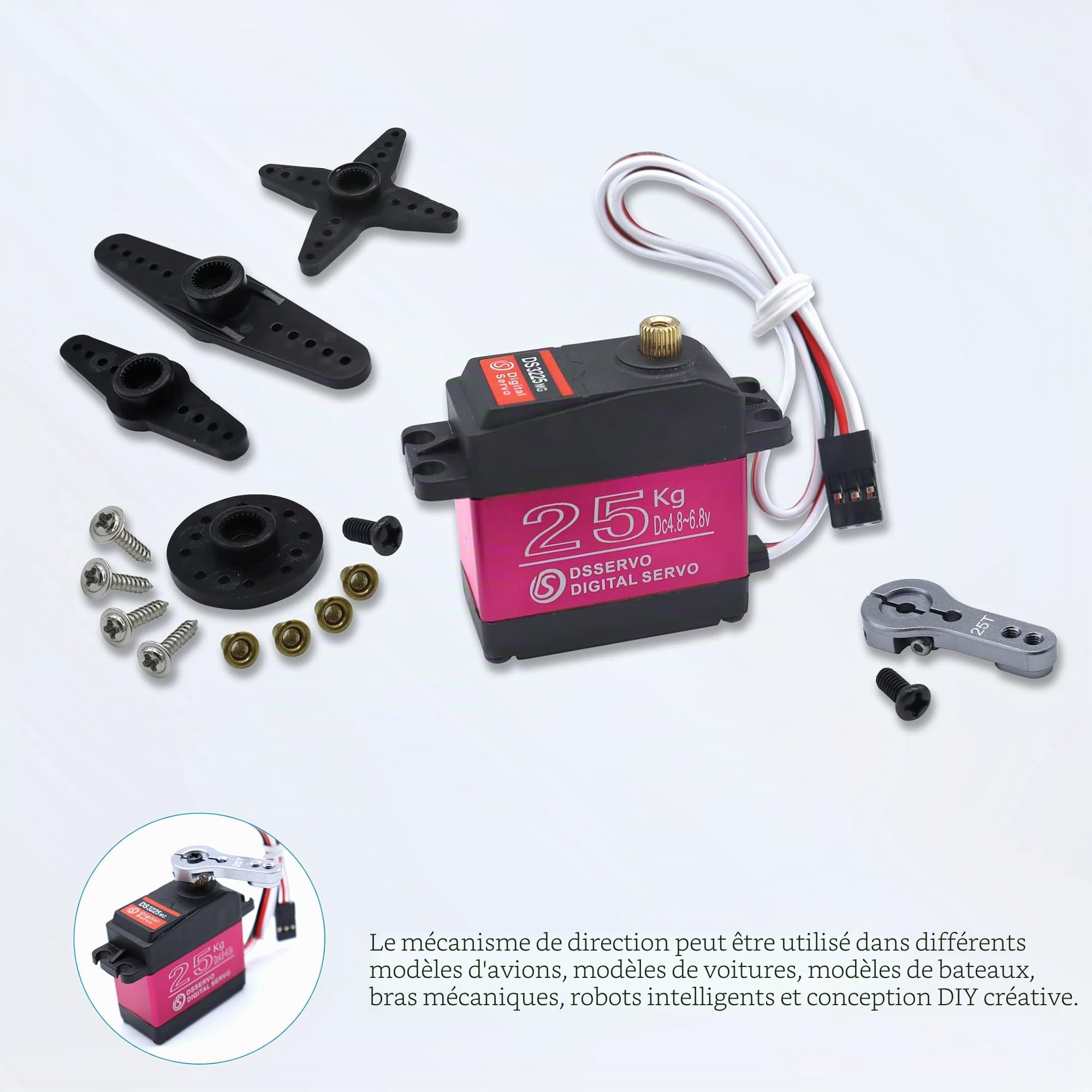 25kg Servo Numérique, Engrenage Entièrement en Métal Étanche à Couple élevé Servomoteur Angle de Direction 270° Convient pour RC Traxxas HSP RC Voiture Avion Navire Robot DIY (2pcs)