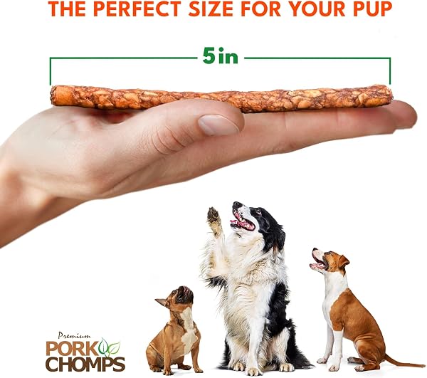 Pork Chomps Dog Chews, 5 Inch Munchy Sticks, 50 Count - Assorted Flavors: Roasted Pork, Chicken, & Bacon - Long-Lasting Treats for Dogs - High Protein, Low Fat, Healthy & Delicious Chews (1 Pack) - 4