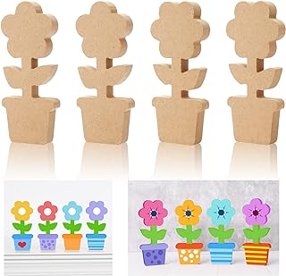Whaline 4Pcs Wooden Flower Cutouts Unfinished Flowerpot Table Wooden Signs Flower Shaped Slice Ornament for Spring Easter Tiered Tray Home Kitchen Office School Mantle Decor DIY Art Craft, 2 Design