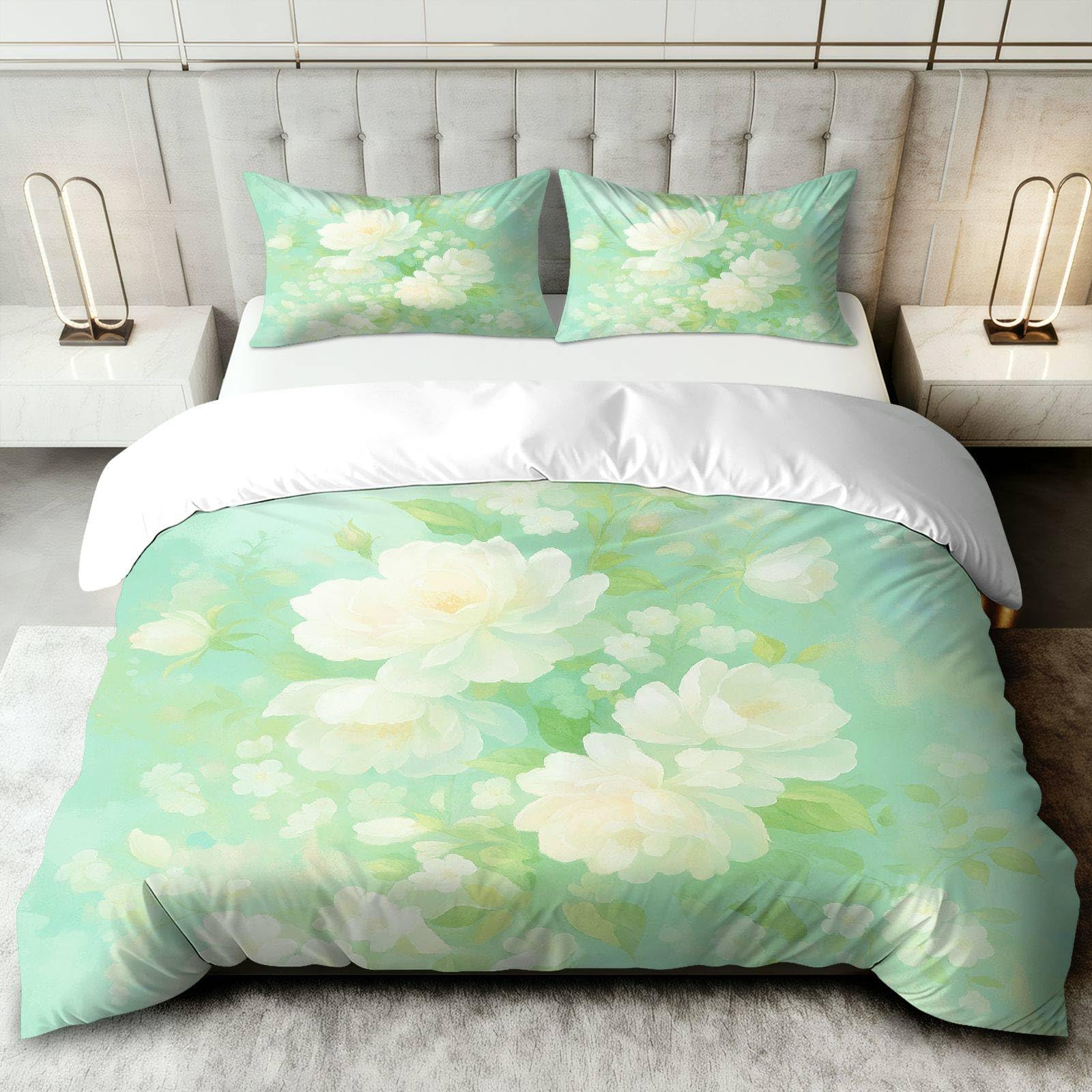 Parure de lit 3 pièces motif floral vert blanc 240x260 avec taies