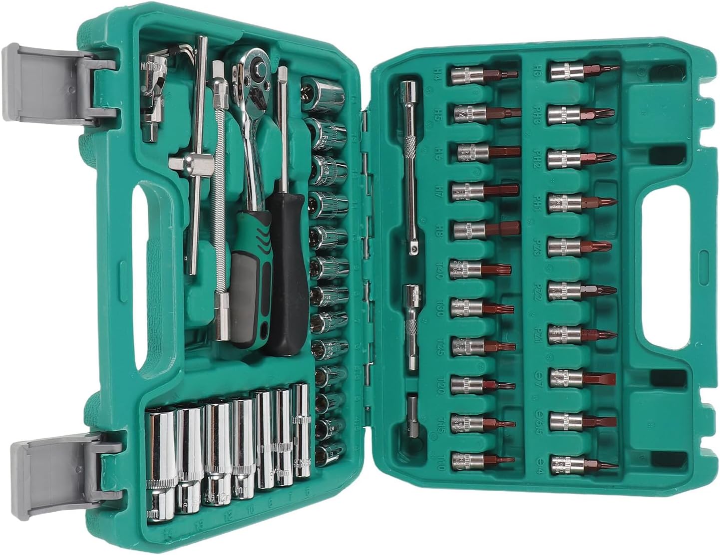 Luxshiny 53pcs Multifunctional Automotive Repair Tool Set with 1/4 Inch Ratchet Socket and 24-Tooth S2 Copper Bits, Household Handyman Kit for Car Maintenance and Home Repairs with Green