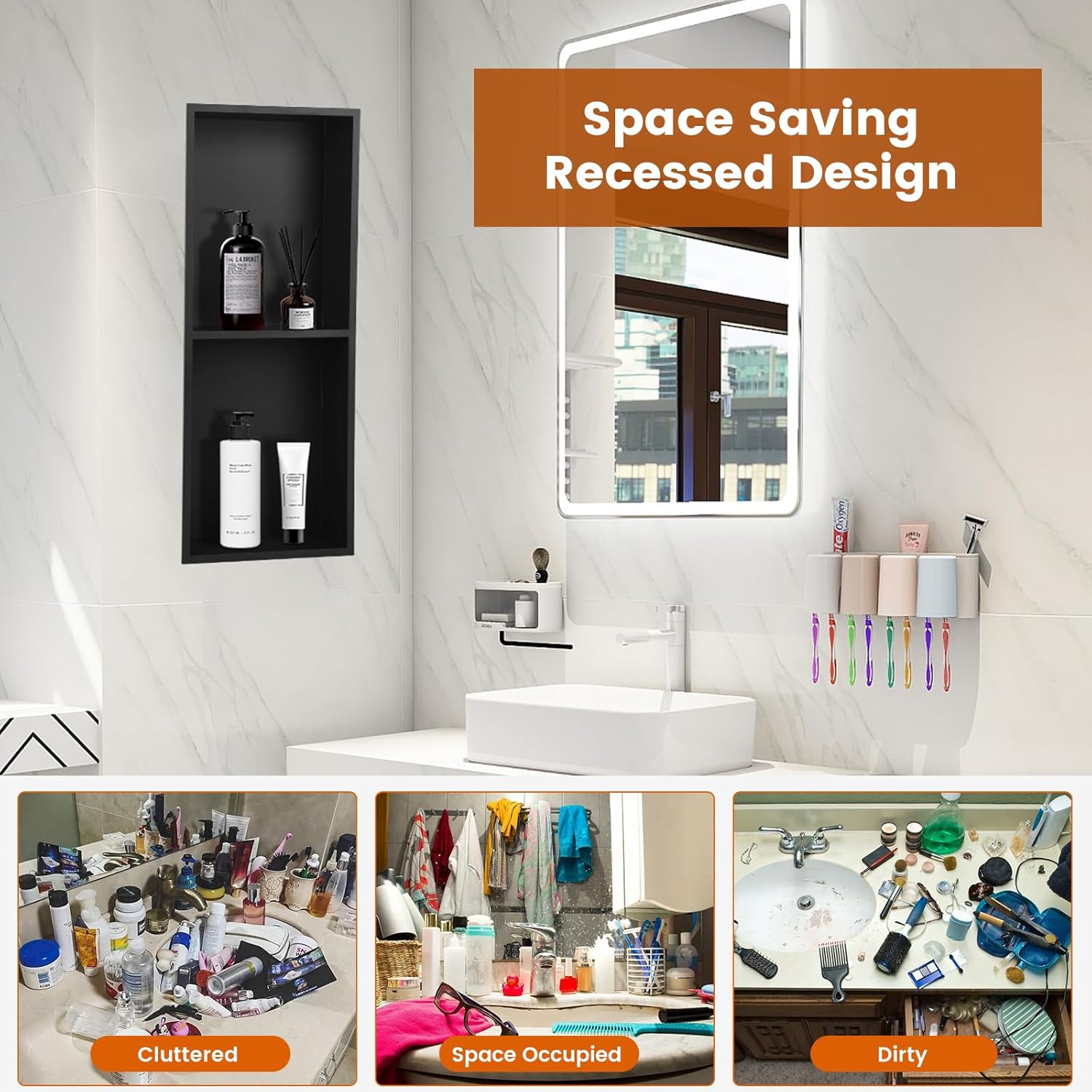 28×12 Inch Stainless Steel Shower Niche, 2 Tier Waterproof Recessed Wall Niche, No Tile Needed Insert Storage for Bathroom Kitchen Bedroom(Black)