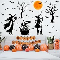 Vista 9 de Calcomanías de Halloween para ventana, calcomanías de brujas negras, calcomanías de pared de Halloween, murciélagos de árbol negro, murales de arte