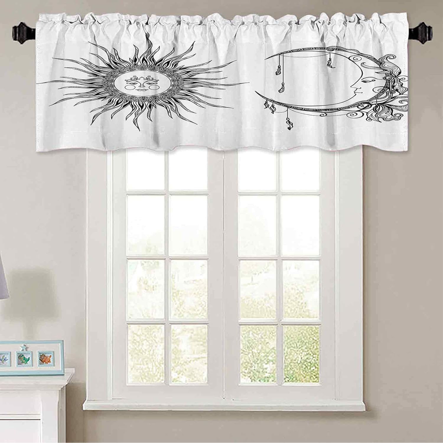 Light-Filtering Curtain Valance, 50" W x 18" L Sun and Moon with Anthropomorphic Face Celestial Spiritual Symbol Decor Print Blackout Valances Curtain for Small Window Black White