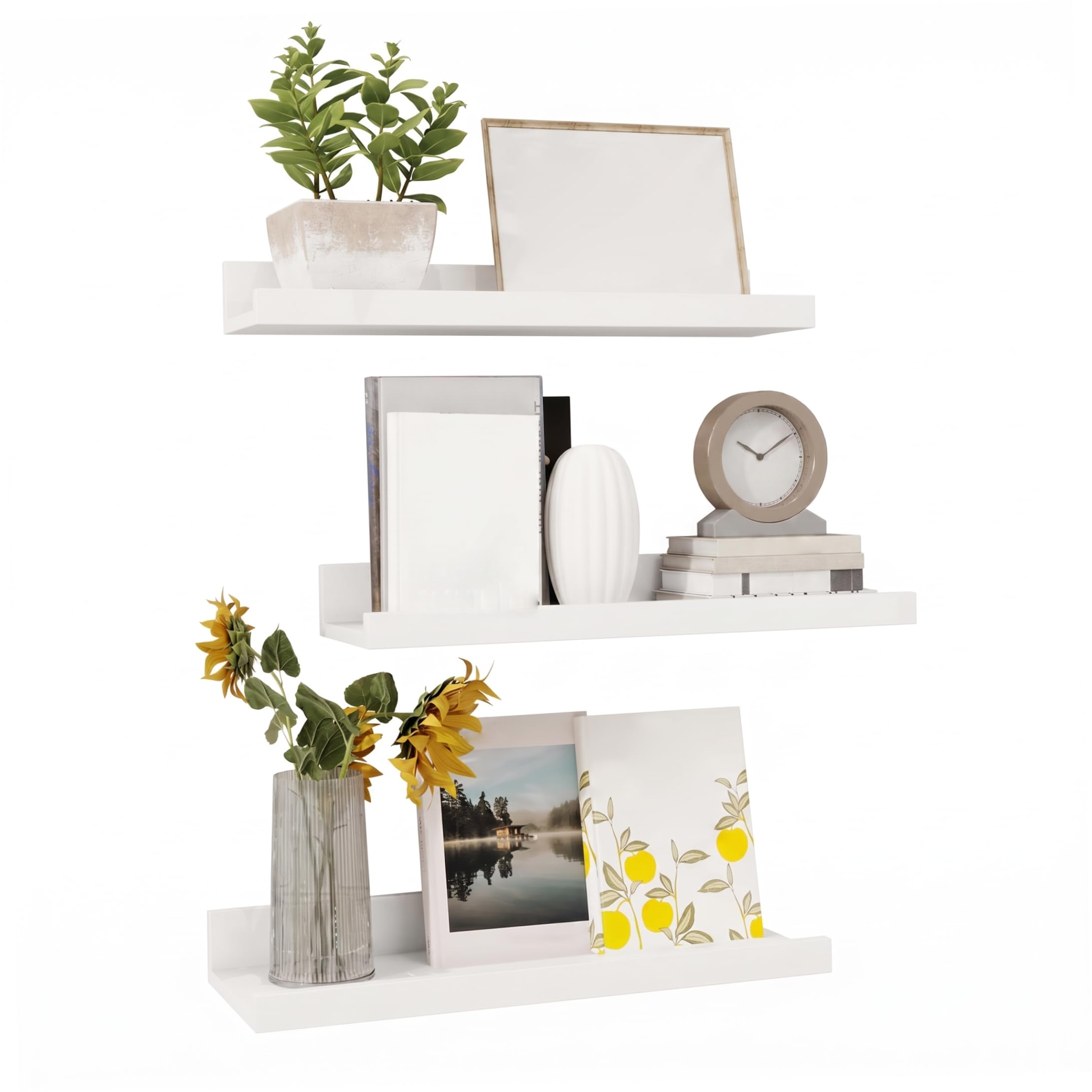 Bemonew White Floating Shelf 3-Piece Wood Floating Shelf, 16in Shelves White Wood Shelves for Wall Decor & Storage
