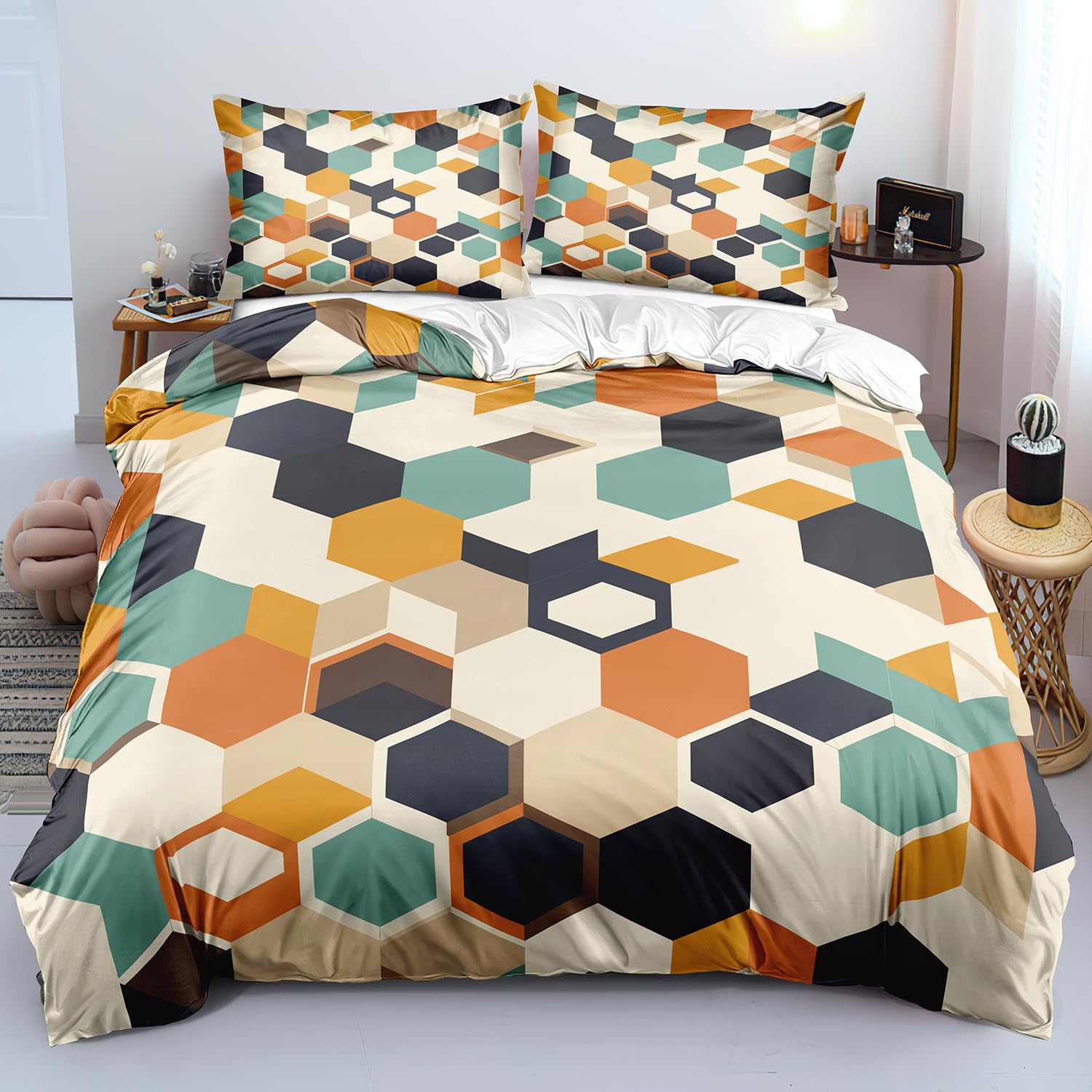Parure de lit 240x220 géométrique hexagonale colorée avec deux taies d'oreiller assorties