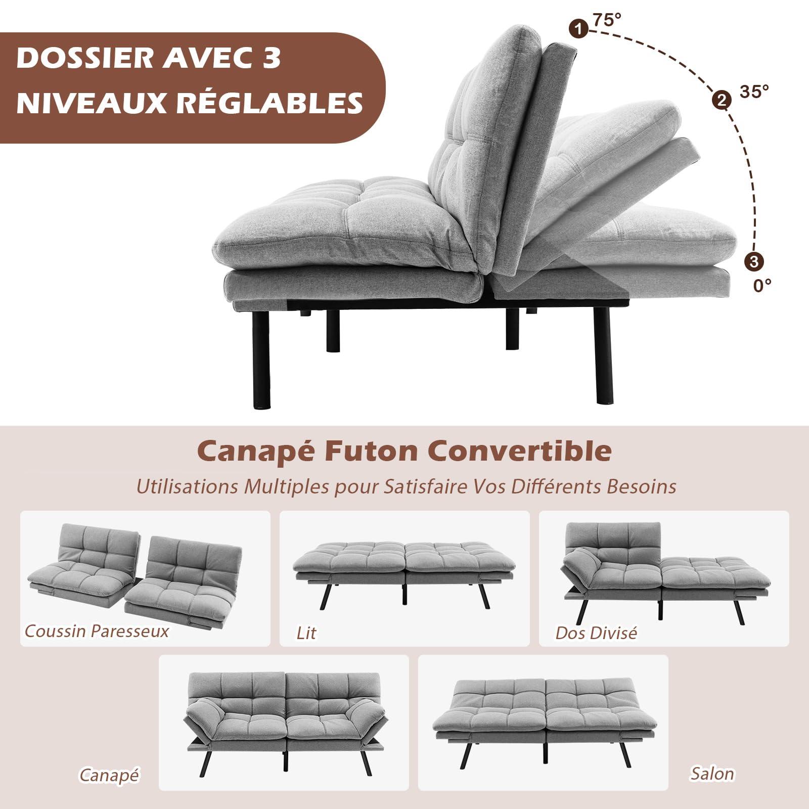 COSTWAY Canapé-Lit Convertible 5 en 1 avec Dossier et Accoudoirs Réglables, Canapé Futon 3 Places en Mousse à Mémoire, Pieds Métalliques, pour Petits Appartements, Salon, Bureau, Charge 273 kg (Gris)