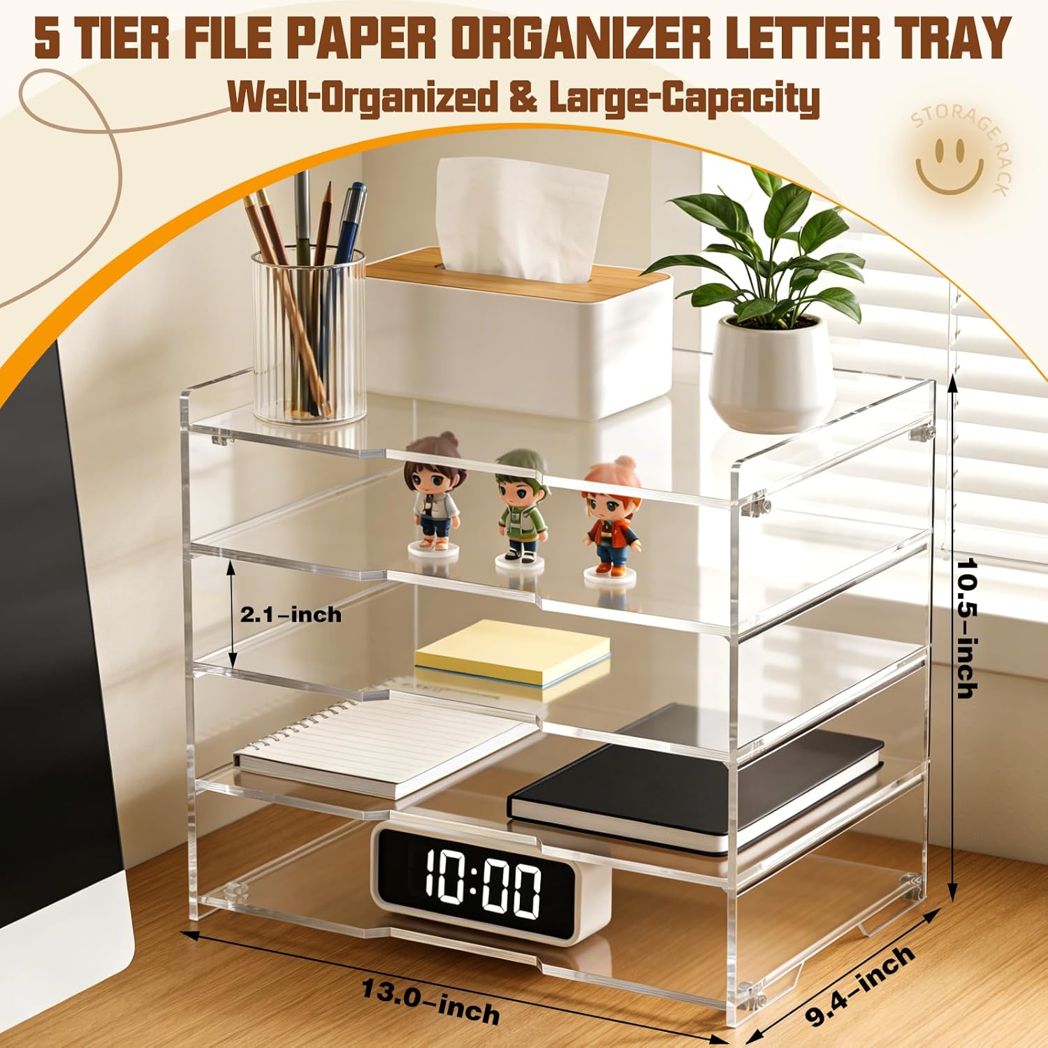 Leffis 5 Tier Acrylic Desk Paper Organizer, Clear Desk Organizer and Accessories Letter Tray for Papers, Documents, File Office Home Classroom Organization