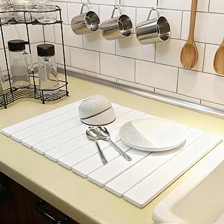 Hopegiver Stone Drying Mat for Kitchen Counter, 23.62"x15.35" Collapsible Quick Dry Dish Drying Mat, Super Absorbent Diatomaceous Earth Mat for Dishes Bottles Cups Bathroom, White with Sanding Block