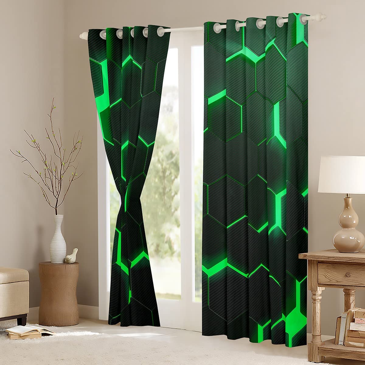 Honeycomb Curtains for Bedroom Green Hexagonal Window Treatment Abstract Beehive Window Drapes Ultra Soft Decor Window Draperies for Kids Boys Girls Adults W46*L54 - Image 3