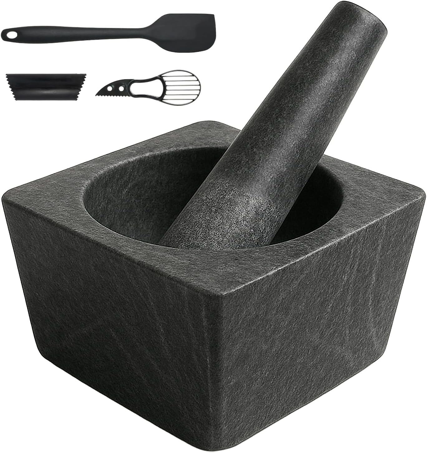 Pepe Nero Large Granite Mortar and Pestle Set - Heavy Duty Stone Grinder Bowl, Non Slip Base (Black, 5.5")