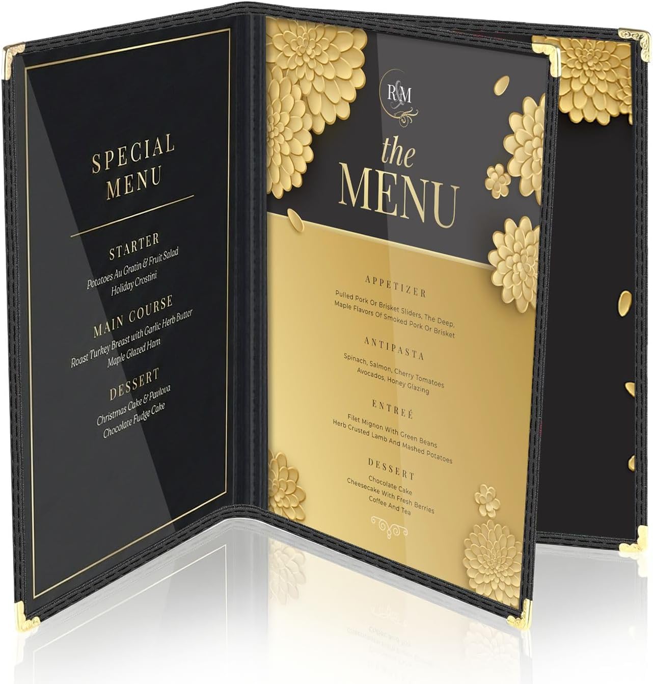 Flexzion Menu Cover 8.5x11 inch Black Triple Fold Book Style Holder with 3 Page 6 View Protective Corner for Restaurant Hotel Deli Cafes Bars Pubs