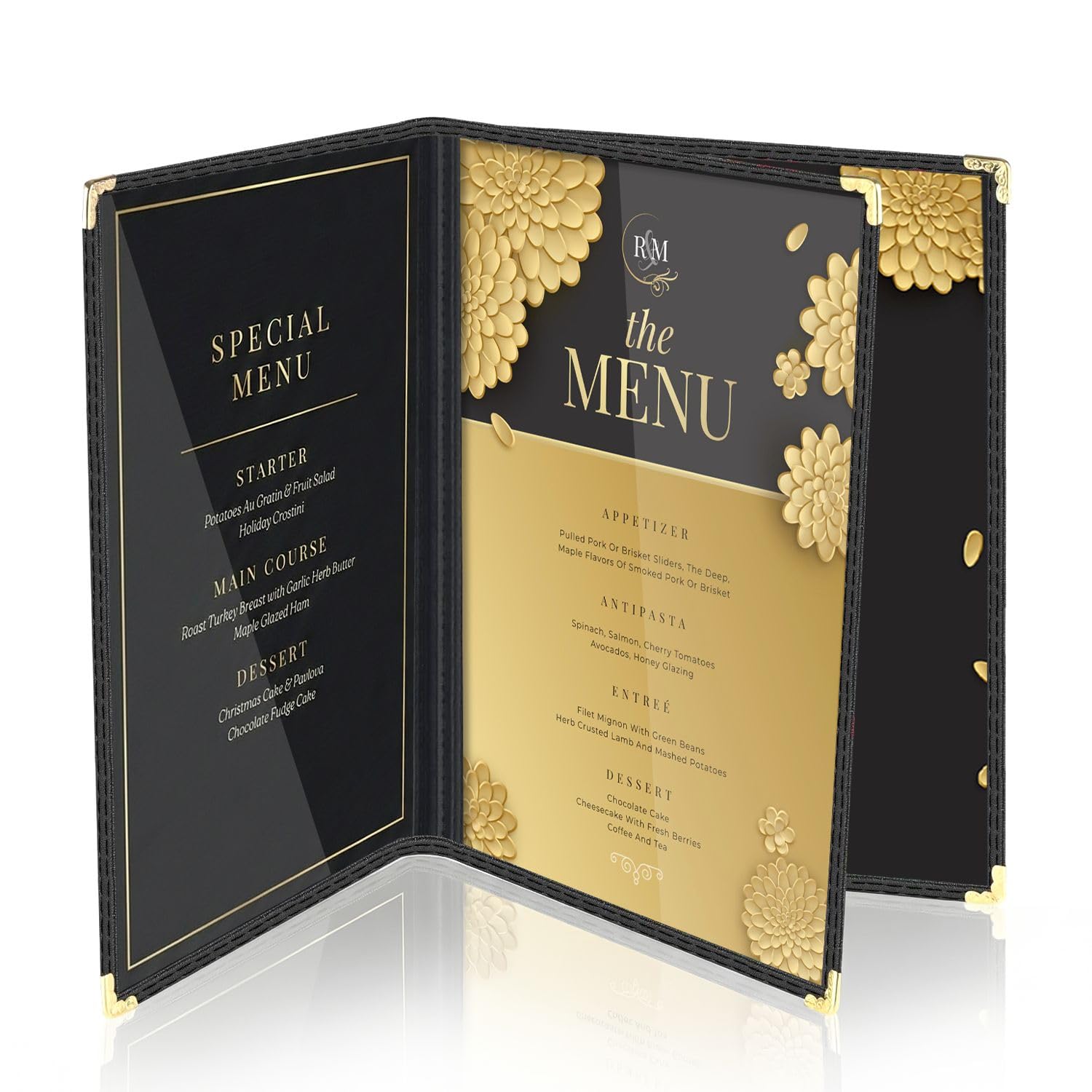 Flexzion Restaurant Menu Covers 8.5 x 11 Inch (1 Pack) - Book Style Bar Menu Holder with 3 Page 6 View - Transparent Clear Menu Book Covers with Gold Metal Corner for Restaurant, Hotel, Cafe