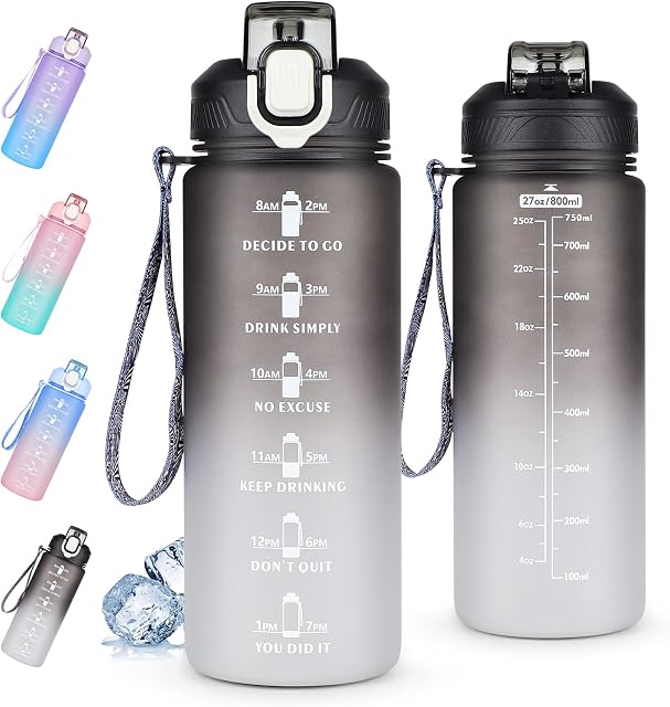 CodiCile Water Bottle with Straw, 800ml Sports Water Bottle with Motivational Time markings & Handle,Leakproof Drinking Bottle with BPA Free Lid for Teenager, Adult,Gym Office Cycling ( Black)