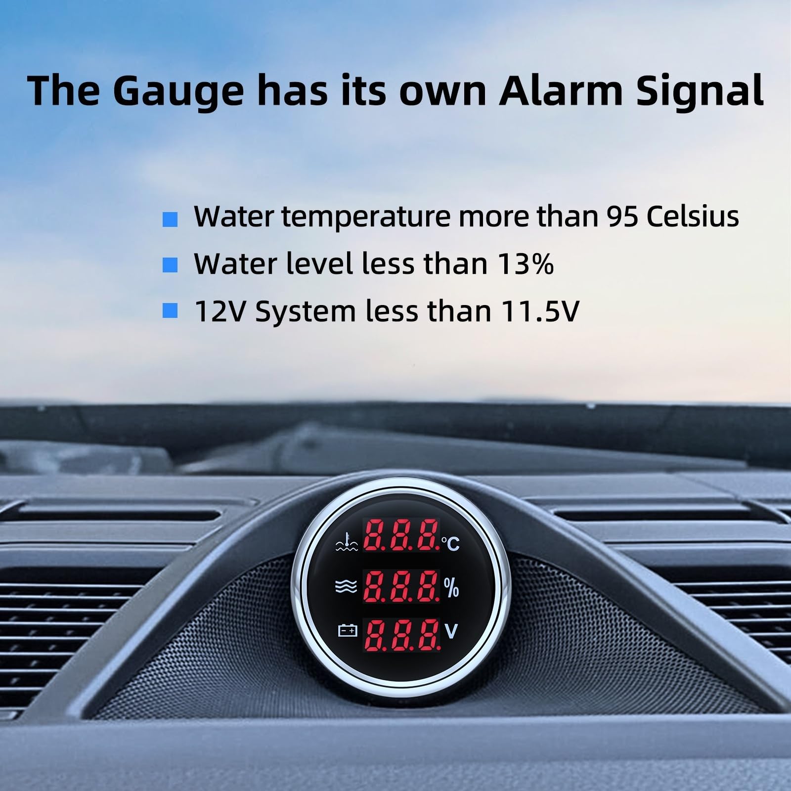 0-190ohm Temperatura del agua+Nivel de agua+Voltaje con alarma LED rojo Medidor digital de 52 mm+Sensor Coche Barco Salida estable(A M16X1.5)