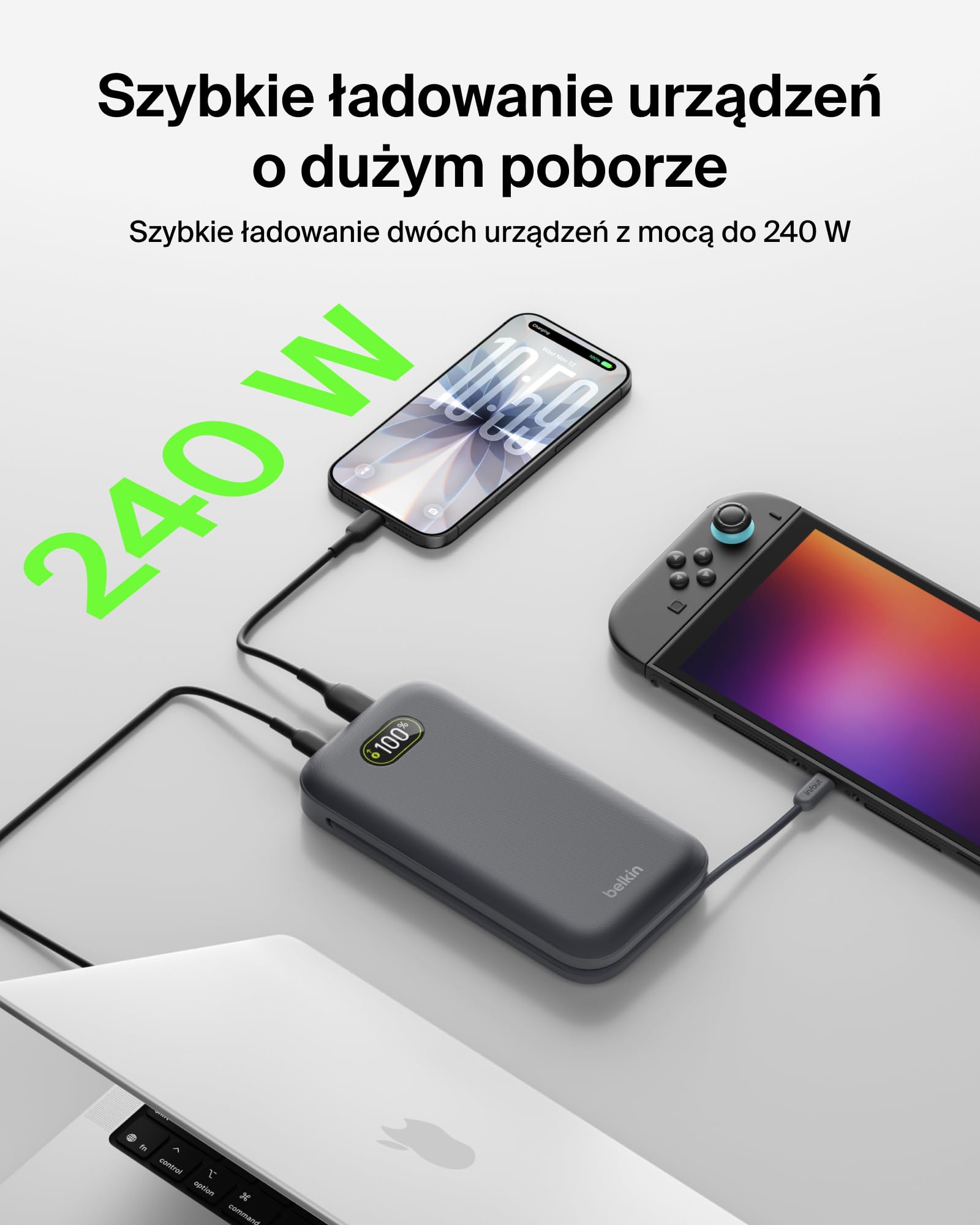 Belkin UltraCharge Pro Powerbank 27 000 mAh, Przenośna Ładowarka ze Wbudowanym Kablem USB-C, 240 W USB PD – Szybkie Ładowanie Urządzeń MacBook Pro, iPhone, iPad, Galaxy, Pixel i Innych – Antracytowy