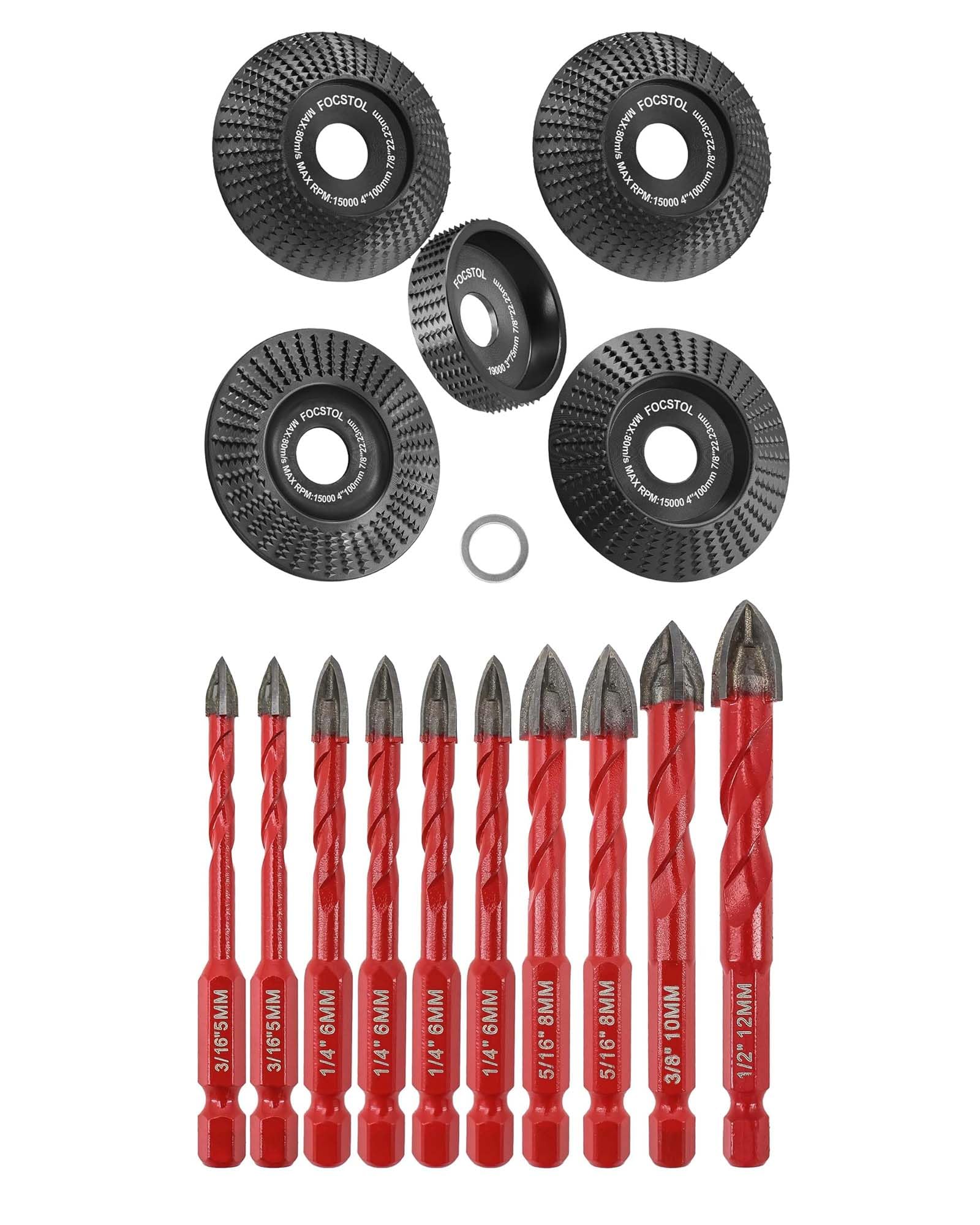 FOCSTOL Juego Brocas Seco 10 piezas (5mm*2+6mm*4+8mm*2+10mm+12mm) y Muela Amoladora Madera 5 piezas (4 piezas 100mm+1 pieza 75mm)