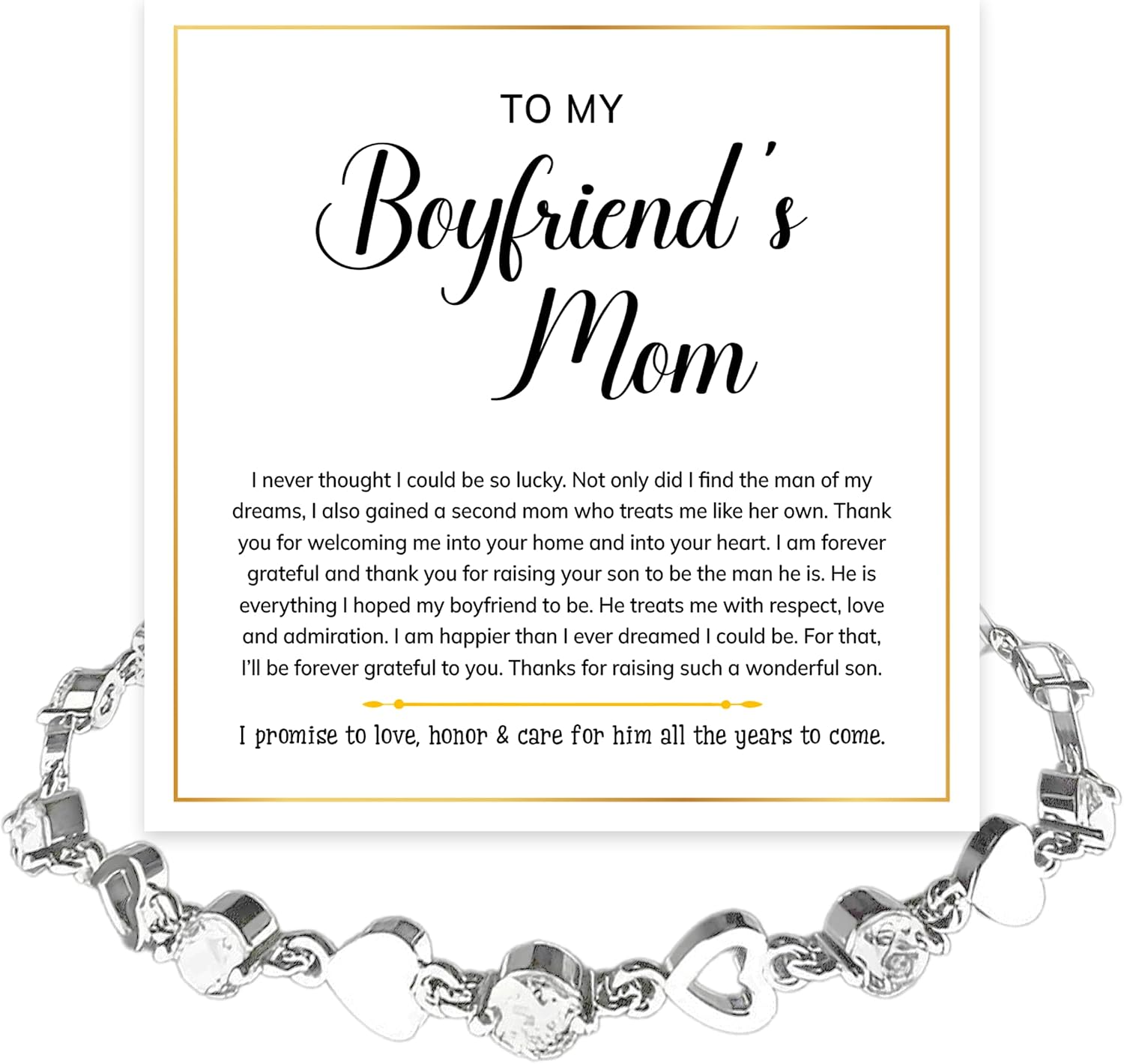 To My Boyfriend's Mom Crystal Heart Bracelet Gift, Beautiful Boyfriend's Mom Jewelry For Women on Birthday, Christmas or Mother's Day Meaningful With Heartfelt Message & Elegant Box
