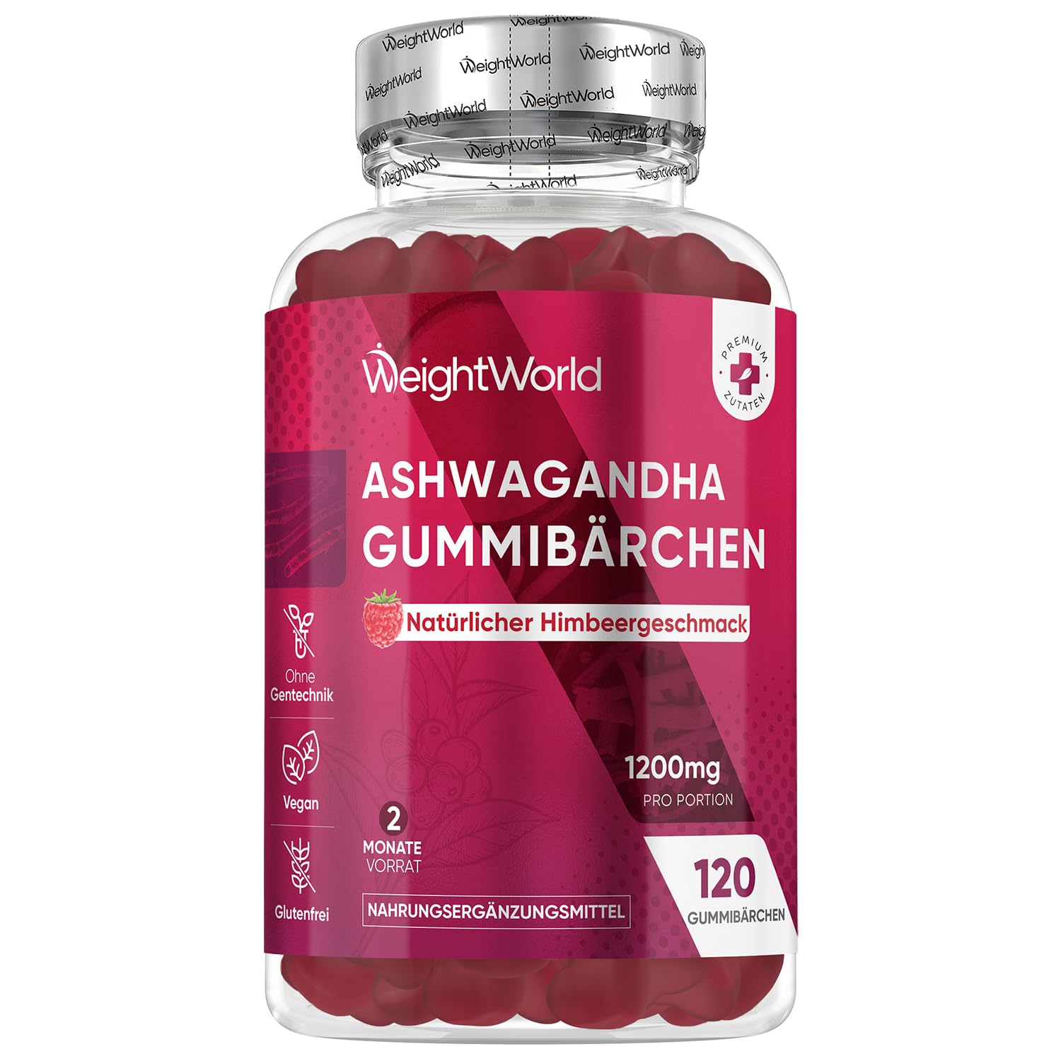 Ashwagandha Gummies - 1200mg pro Portion - 120 Vegane Gummibärchen - 2 Monate Vorrat - Natürlicher Himbeergeschmack - Alternative zu Ashwagandha Kapseln - Täglich 2 Gummibärchen - WeightWorld