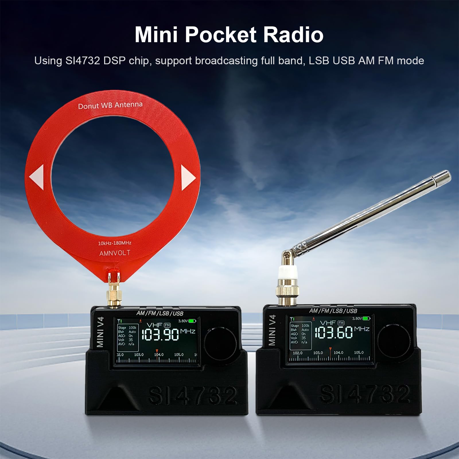 Radio AMNVOLT V4 ATS Mini con Soporte y Amplificador de Auriculares, Receptor portátil Am FM con Pantalla IPS de 1,9 Pulgadas para Senderismo, Camping y excursiones