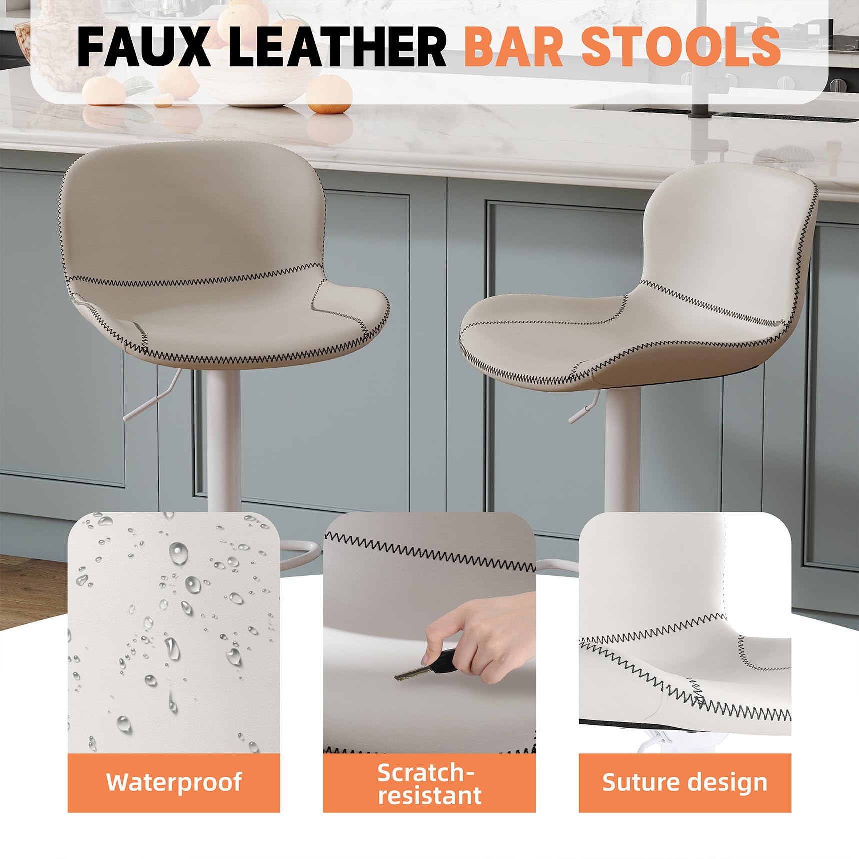 Youhauchair Barhocker 2er Set, Barhocker Höhenverstellbar aus Kunstleder, wasserdicht und verschleißfest, Barhocker mit Lehne, Drehbarer bar Stool, modern, Weiß