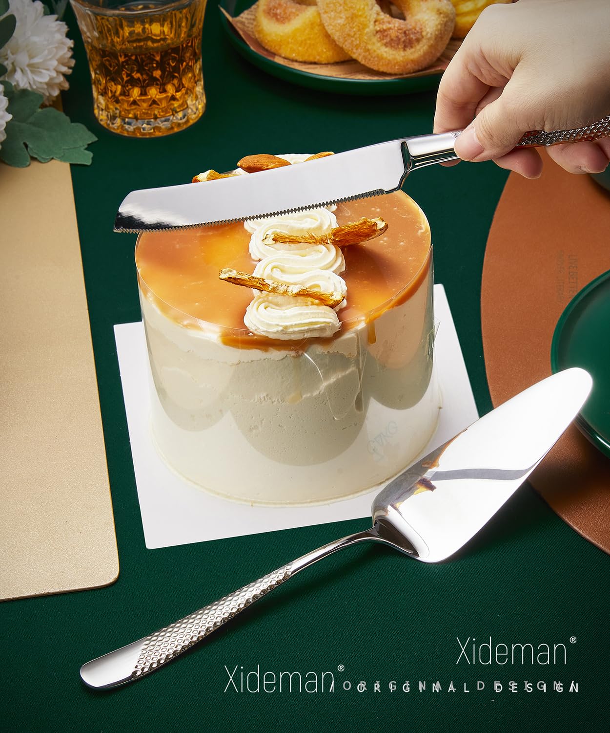 Set di posate servire in acciaio inox 18/10 martellato, 7 pezzi, Posate da hostess con coltello da torta e paletta per torta (Argento)