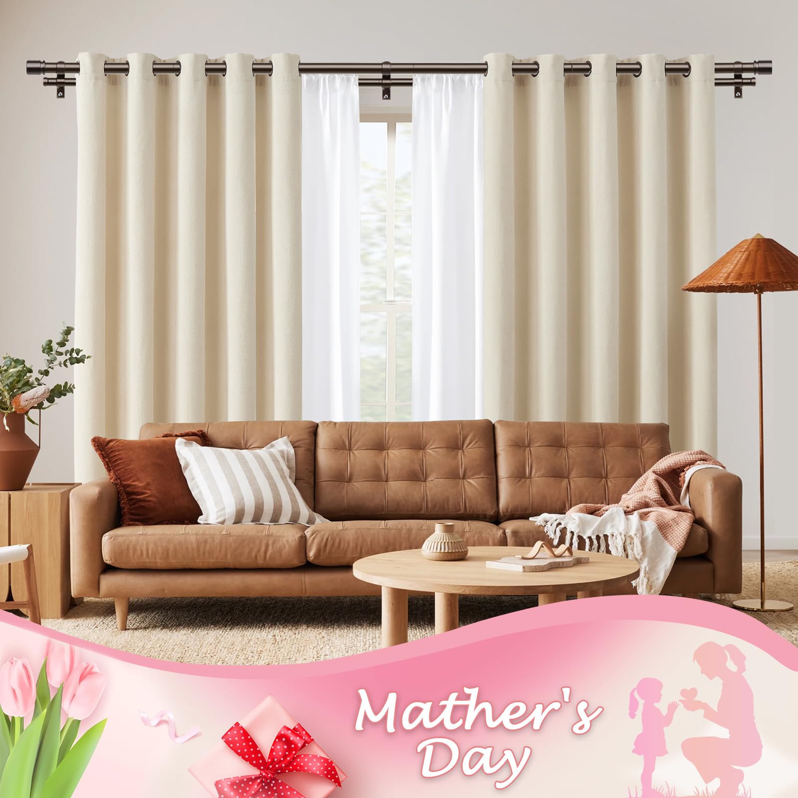 HOTOZON Barra de Cortina Doble 80-365 cm, 25 mm Diámetro Barra Cortinas Bronce Extensible con Remates Clásicos, Juego de Barra de Cortina Doble para Baño, Salón, Dormitorio