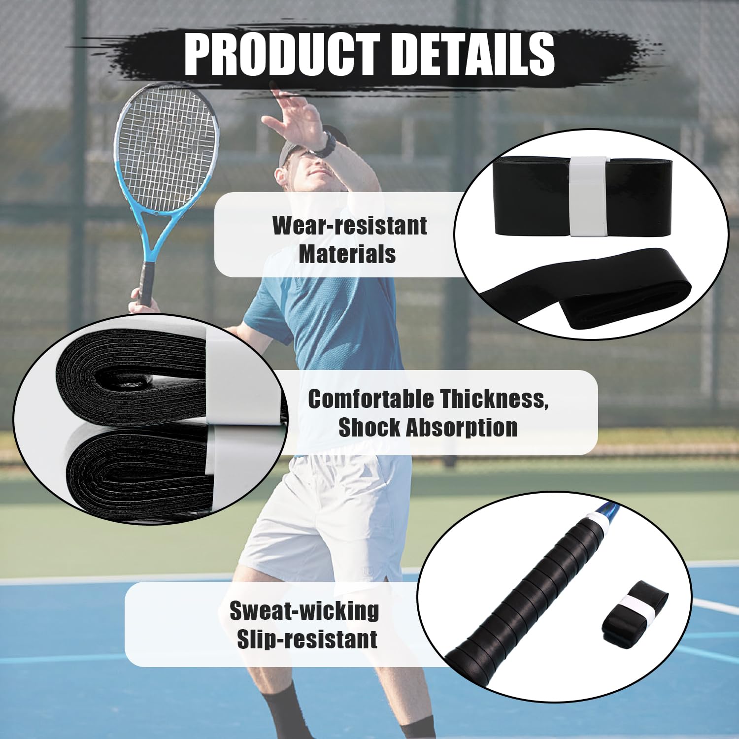 6 piezas Grip Raqueta Bádminton, Cinta de Raqueta Grip Antideslizante, Cinta de Sujeción Agarre Raqueta de Tenis Absorbente Transpirable Surgrip Padel para Squash Tenis Bádminton (Negro)