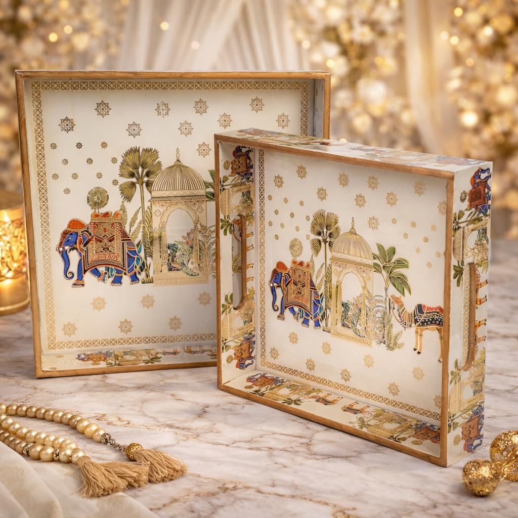 Amimashop® Try Set Serving | Square Wooden Tray, Decorative Serving Tray Set | Wooden Tray Decoration | Serving Trays | Tea Serving Try|Tray Set of 2|Meenakari Tray 12 & 10 Inches
