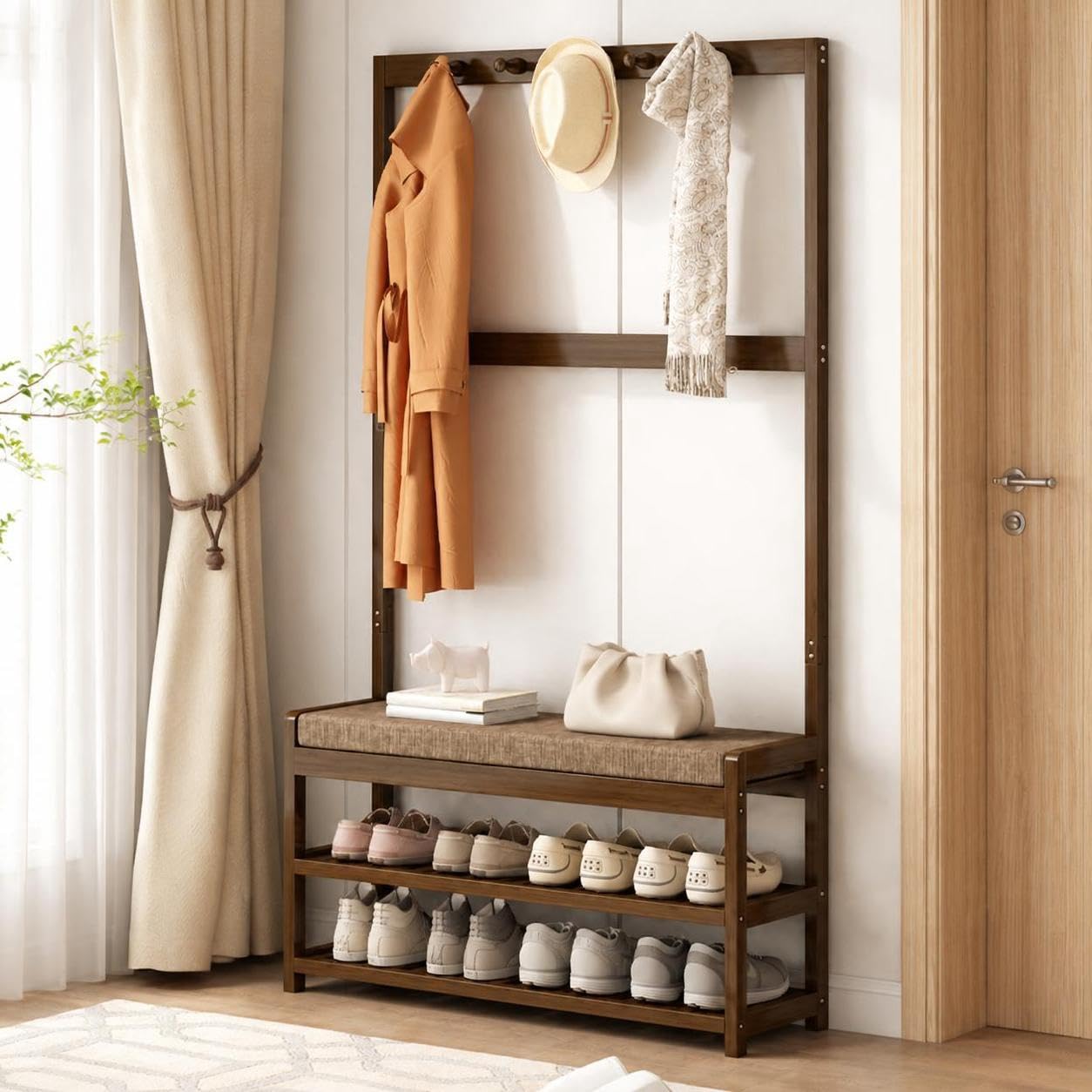 Árbol de Entrada de Madera Maciza, Perchero con Zapatero y Banco para Cambiar Zapatos, Mueble Funcional para recibidor