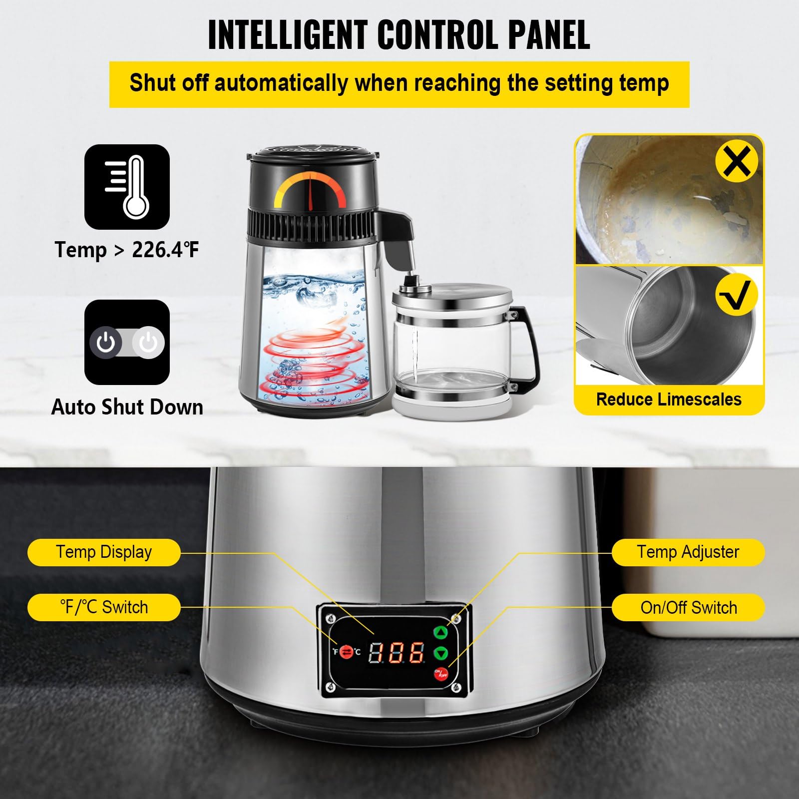 Máquina de Agua Destilada 4L 750W 1L/H, Destilador de Agua Potable para Laboratorios y Hospitales