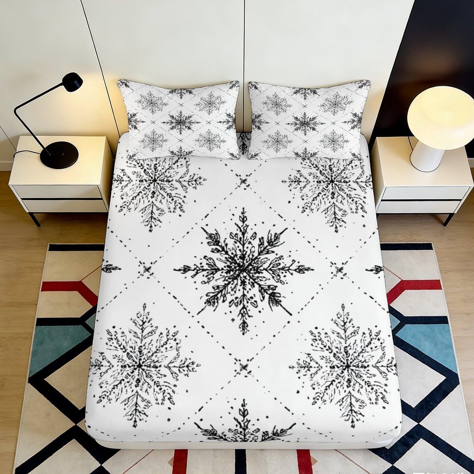 3D Printed Snowflake Fitted Sheet Microfiber Deep Pocket Bedroom Bedding Snowflake Mattress Fitted Cover Elastic Hem for Adults 90x200x25cm