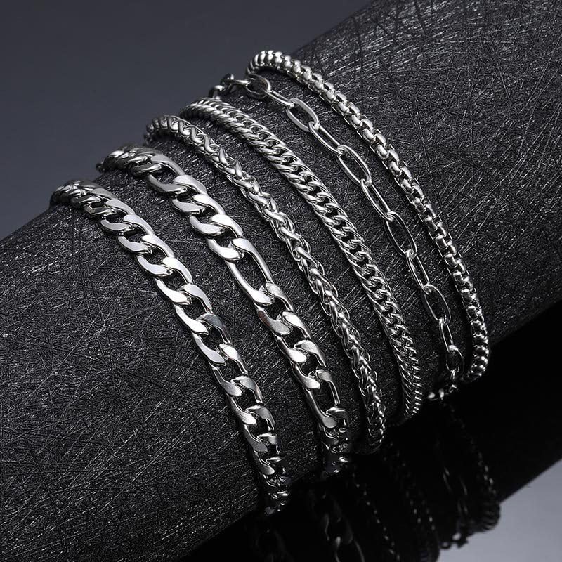6PCS Silver Bracelets for Men Stainless Steel Cuban Chain Bracelet Silver Chain Bracelet Set 316L Stainless Steel Figaro Rope Cuban Link Bracelet Jewelry for Men/Women - Image 4