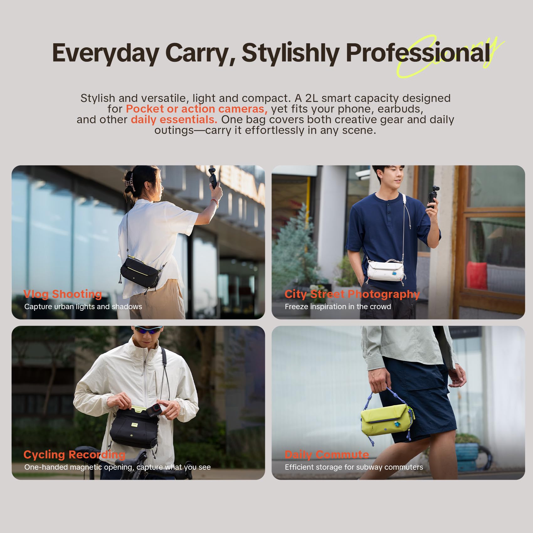 PGYTECH OneGo Pocket Umhängetasche, ActionKam/Handy Schultertasche, Schwarz | Lässiger Alltagsstil, Sandwich-Fächerdesign, Schneller Magnetverschluss, Leichtes Robustes Material, YKK Reißverschluss