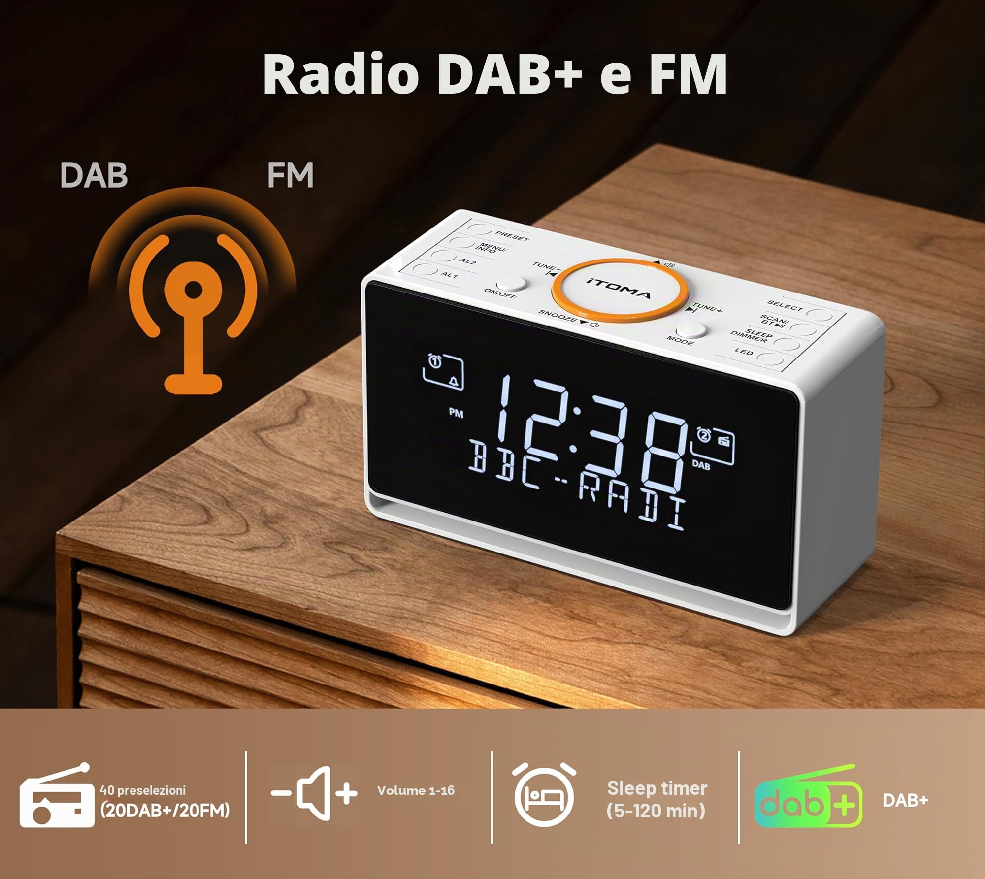 iTOMA Radiosveglia DAB e FM con 40 Preimpostazioni, Bluetooth, Doppio Allarme, Timer di Spegnimento, Controllo Dimmer, Caricatore USB e Jack per Auricolari 728