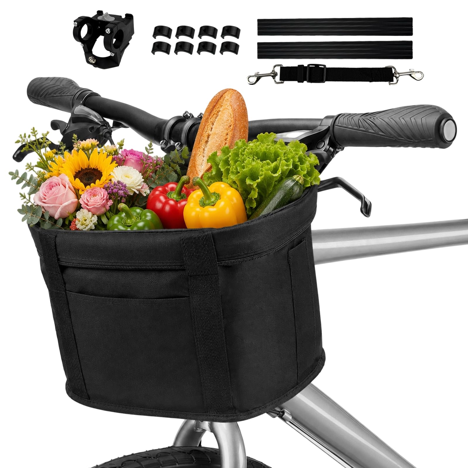 Cesta Bicicleta Delantera, Cesta Bicicletas para Perros Pequeños | Con Adaptador de Manillar, Plegable, Desmontable, para Mascotas, Bolsa de Compras, Cesta de Picnic, Negro