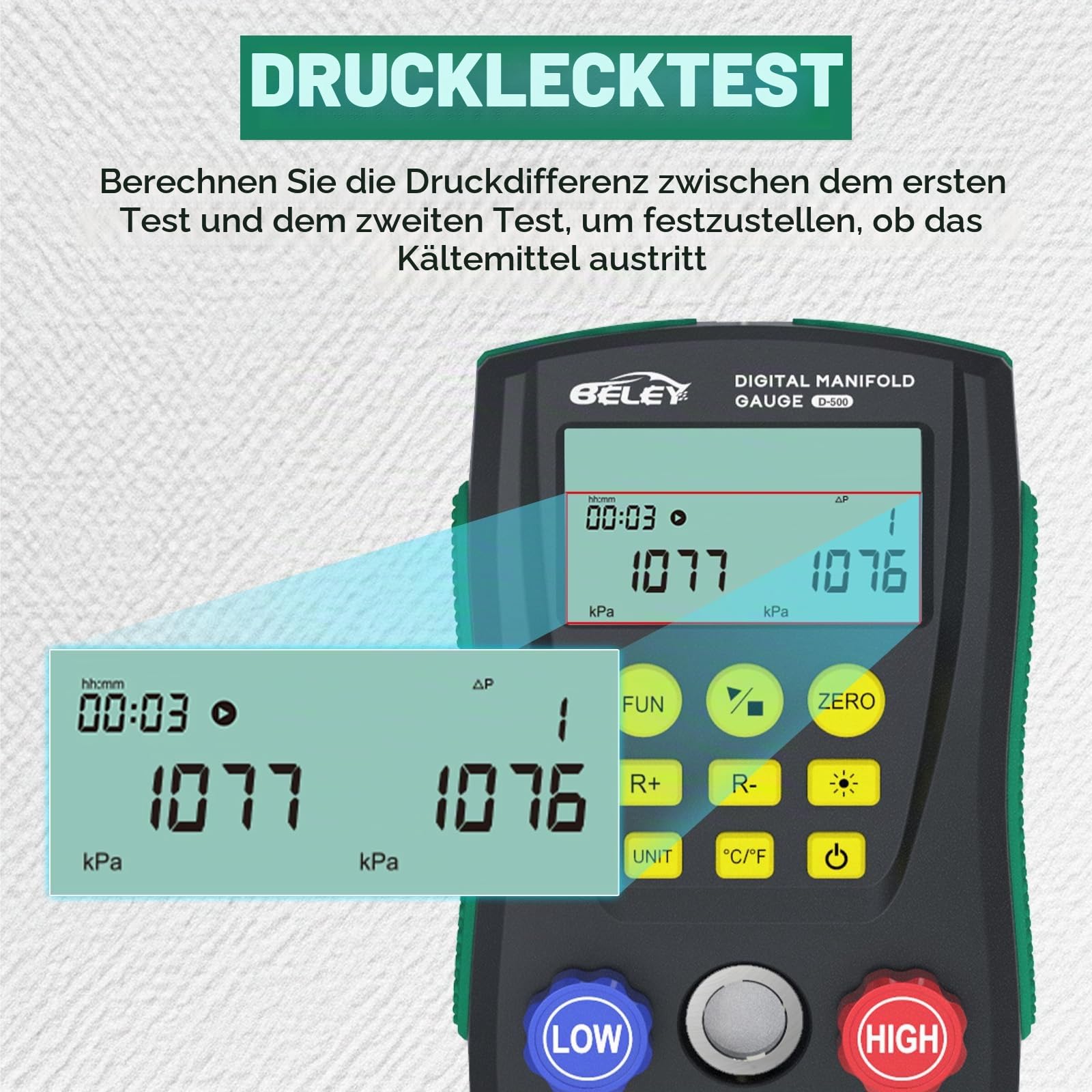 Digitales Monteurhilfe Manometer-Set für HVAC - Kompatibel mit R410a, R32, R22 Kältemittel, mit Temperaturklemmen und Kältemittelschläuchen, für Prüfung & Wartung von Klimaanlagen und Kühlschränken