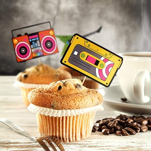 Miniatura 3 de 48 adornos retro para cupcakes de los años 80, 48 piezas, multicolor, 4 pulgadas de ancho, perfecto para cumpleaños, fiestas temáticas de los años