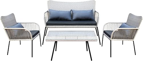 Miniatura 1 de SereneLife Muebles de ratán para exteriores, incluye 1 doble y 2 sillas individuales con cojín y 1 mesa de centro con tapa de cristal, juego de