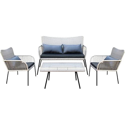 SereneLife Outdoor Living Rattan Furniture, Includes 1 Double & 2 Single Chairs with Cushion & 1 Glass-top Coffee Table 4 Piece Conversation/Chat Set (Light Grey)