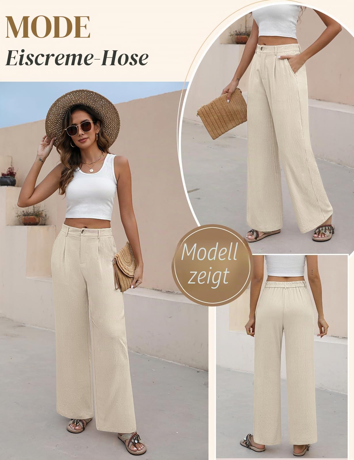 Hose Damen Sommer Weites Bein Freizeithose Hight Waist Geradem Sommerhose Leichte Bequeme Lässige Anzughose Hosen Lang mit Taschen, Knopfleiste