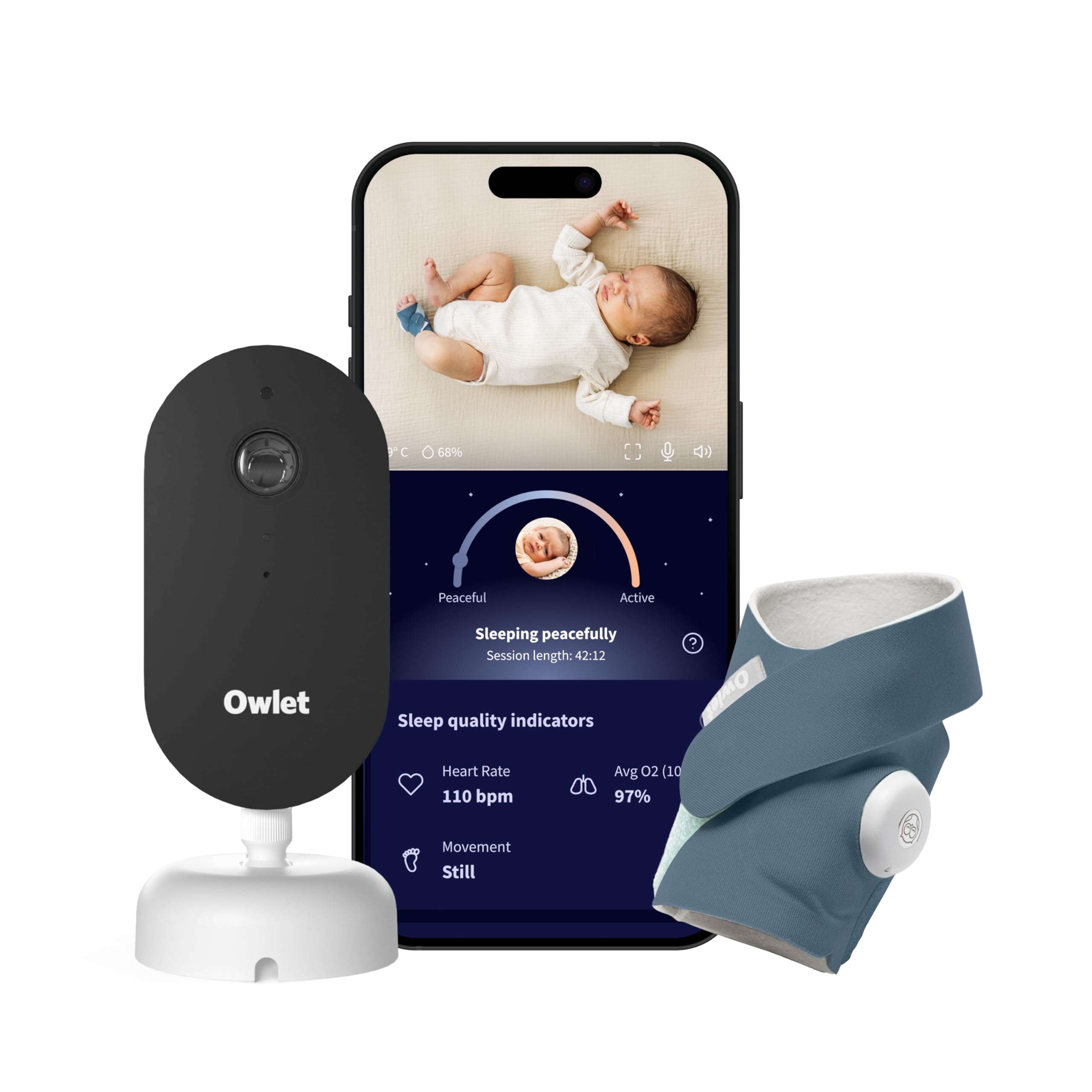 Owlet Dream Duo (3rd Gen) – Smart Baby Monitor with Sock & HD Video Cam, Tracks Pulse Rate, Oxygen Trends & Sleep, 2K HD Video, Cry & Motion Alerts, Temp Monitoring - Bedtime Blue