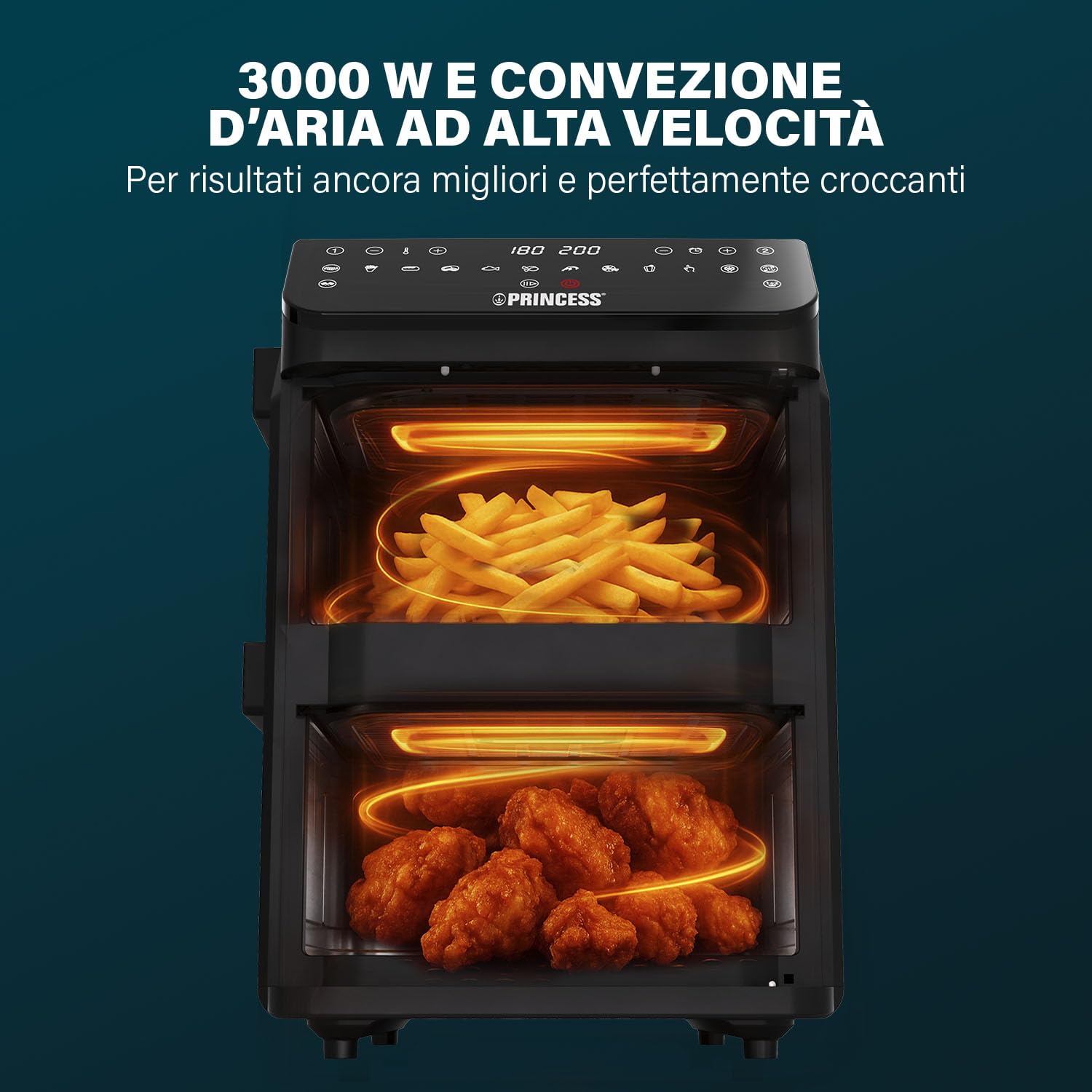Princess Stack Friggitrice ad Aria, Doppia Friggitrice, 11,2 L, 3000 W, Design Verticale, Funzione Sync, Rivestimento senza PFAS, Nera, 01.182278.01.001