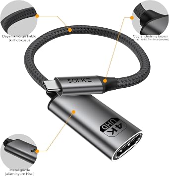 USB-C to HDMI Adaptör 0.2 Metre 4K 60Hz Type-C to HDMI Çevirici Dönüştürücü Kablo Thunderbolt 3/4 Macbook Uyumlu