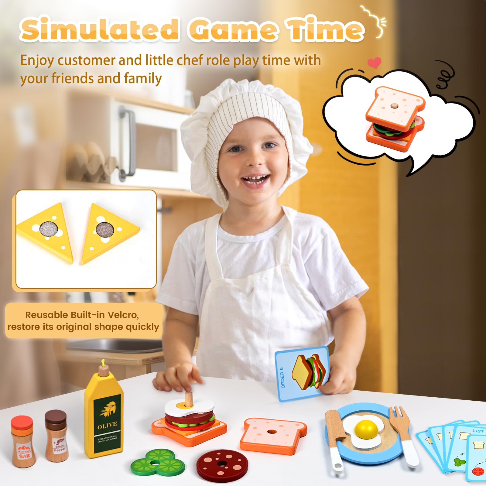 35 piezas de accesorios de cocina de madera, juguetes de cocina de juego de simulación para niños pequeños, juego de cocina de madera, juego de cocina, ollas y sartenes, regalos para niñas y niños de 2