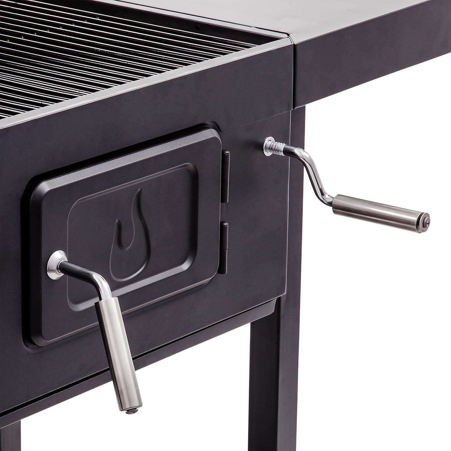 Davant view of Char-Broil grill with ash door and crank handles