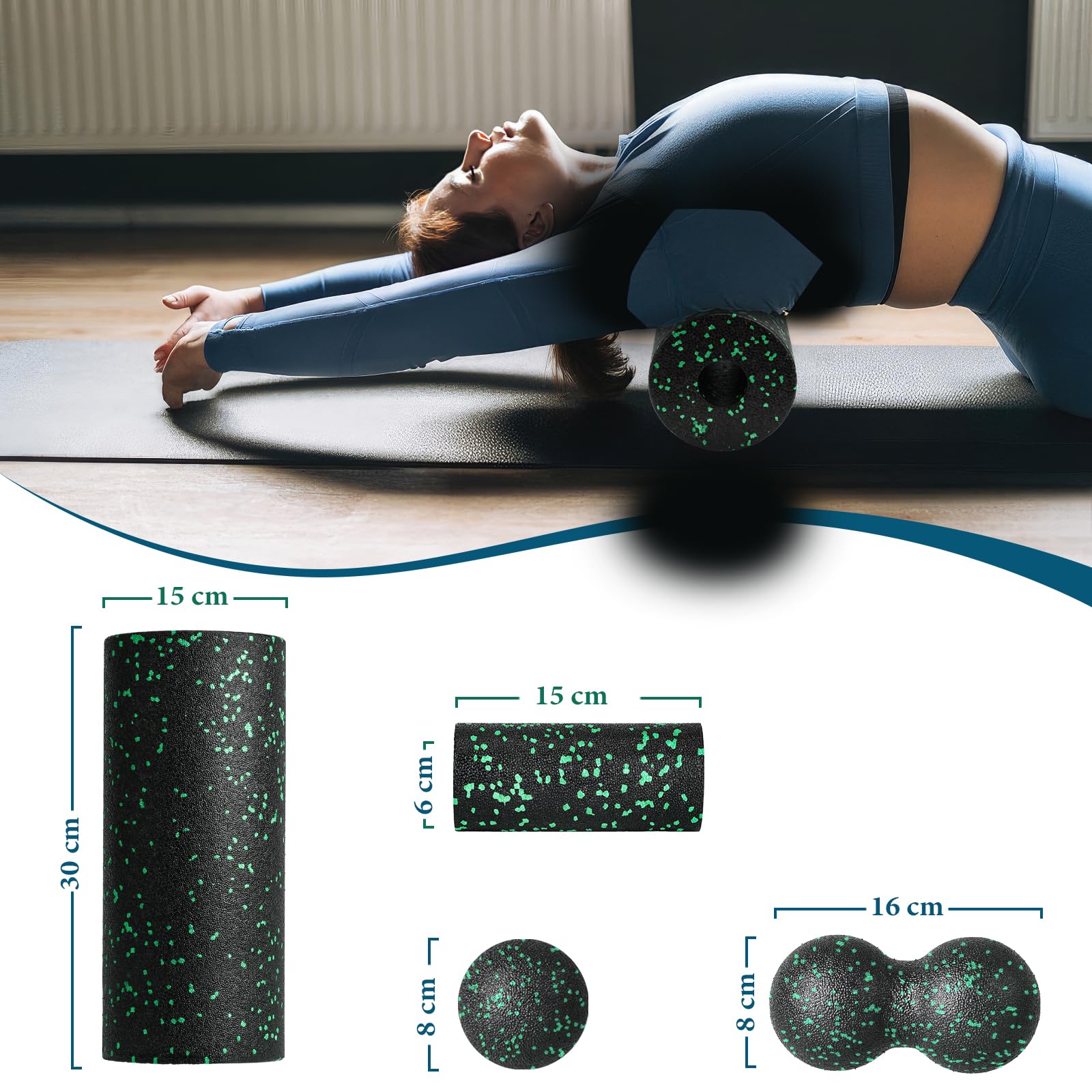 Zestaw wałków do masażu powięzi Blackroll Foam Roller zestaw z piłką do masażu powięzi, mały wałek do masażu powięzi, mały i podwójna piłka, do jogi, powięzi, treningu mięśni, zielony